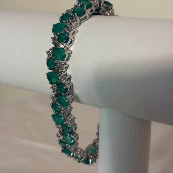 Gem RoManse Green Chalcedony/White Topaz Gemstone Bracelet in Sterling Silver 7" - Picture 1 of 16